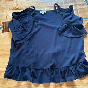 Michael Kors Navy Ruffle Trimmed Cold Shoulder Top